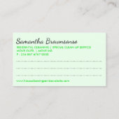 Grüne Palette Janitor Woman Cartoon House Reinigun Visitenkarte (Rückseite)