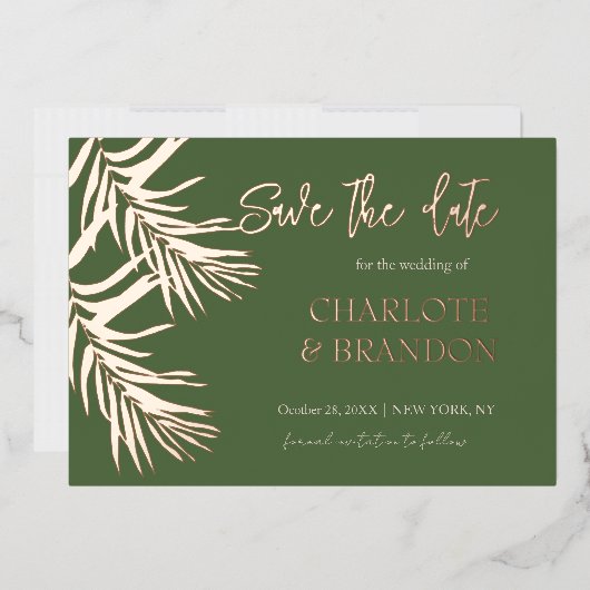 Grüne Palm-Blätter, die das Datum speichern Folieneinladung (Briefumschlag)