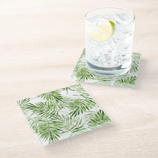 Grüne Palmblätter Glasuntersetzer (Schrägansicht)