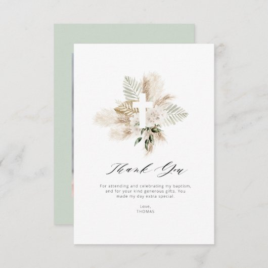 Grüne Pampas Blütentaufe Dankeschön Karte (Vorne/Hinten)