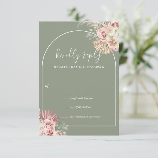 Grüne Pampelgras-Arsch-Blumenmonogramm RSVP Karte (Stehend Vorderseite)