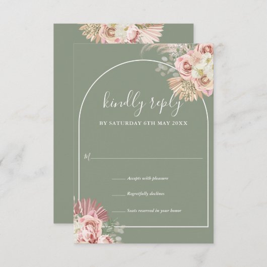 Grüne Pampelgras-Arsch-Blumenmonogramm RSVP Karte (Vorne/Hinten)