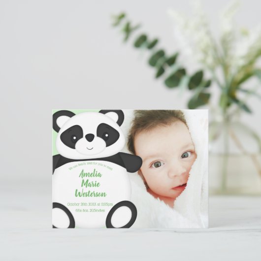 Grüne Panda Bear Baby Geburtserklärung Postkarte (Stehend Vorderseite)