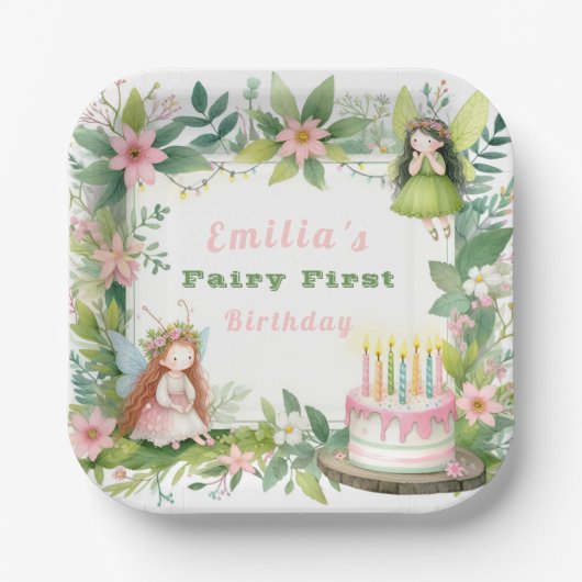 Grüne Pastellfee erster Geburtstag - Pappteller (Vorderseite)