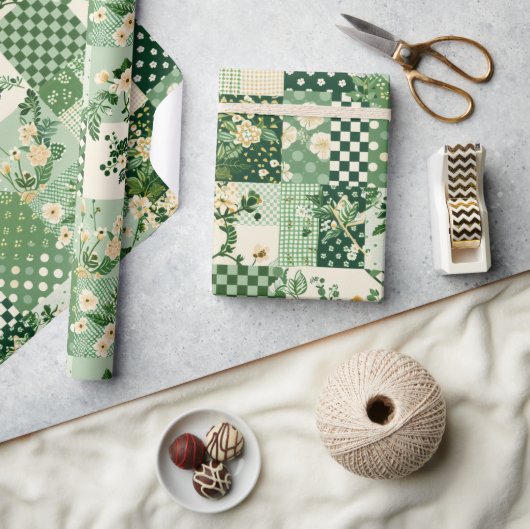 Grüne Patchwork-Quilt-Antik-Kariert-Geometrisch Geschenkpapier (Basteln)