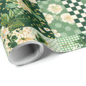 Grüne Patchwork-Quilt-Antik-Kariert-Geometrisch Geschenkpapier (Rolleneckpunkt)