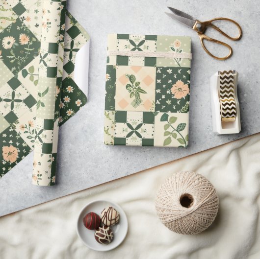 Grüne Patchwork-Quilt-Antik-Karogeometrie Geschenkpapier (Basteln)
