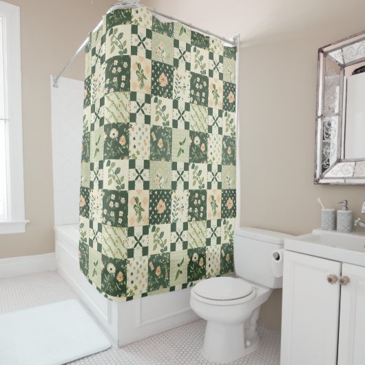 Grüne Patchworkdecke Rustikal Retro Blumenmuster Duschvorhang (Beispiel)