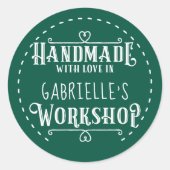 Grüne Personalisierte Handarbeit mit Liebe in Work Runder Aufkleber (Vorderseite)