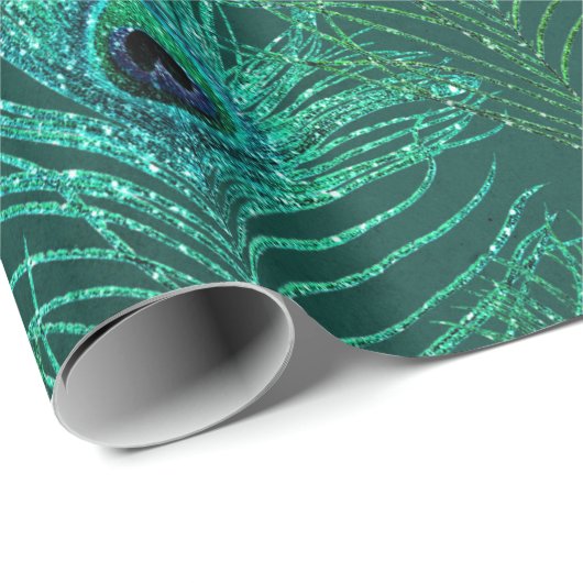 Grüne PfauenFedern auf Grün Geschenkpapier (Rolleneckpunkt)