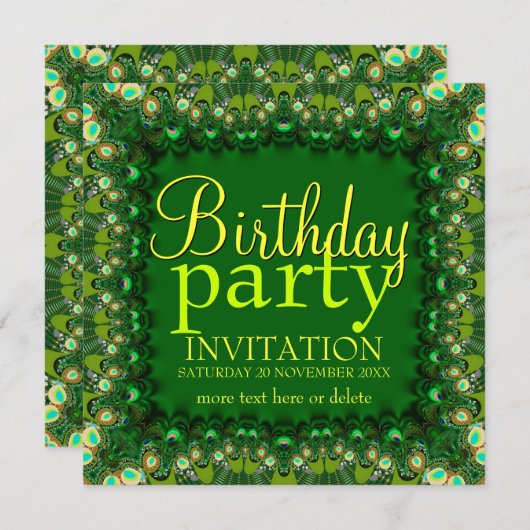 Grüne Pfauenlace Geburtstagsparty Einladungen (Vorne/Hinten)