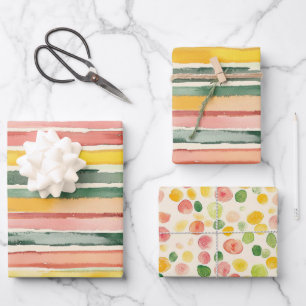 Grüne Pfirsich-Rose-Rot-Gelbe Streifen Geburtstag Geschenkpapier Set