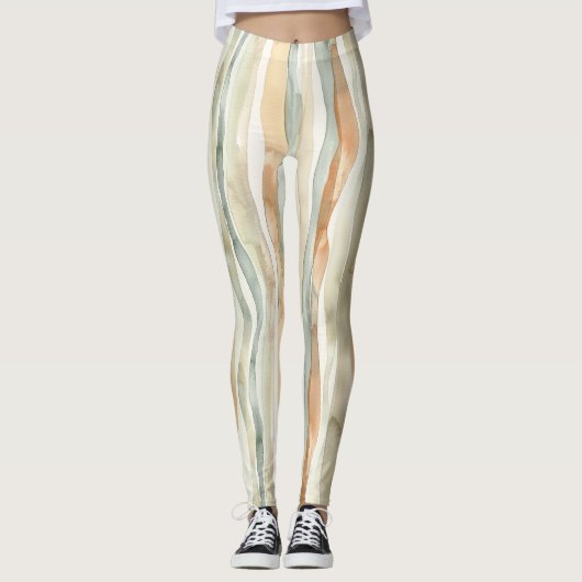 Grüne Pfirsichcreme-Streifen Leggings (Vorderseite)