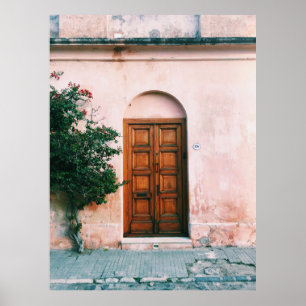 GRÜNE PFLANZE NEBEN BROWNEN HOLZTÜR POSTER