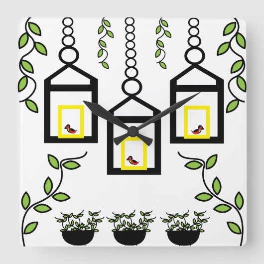 Grüne Pflanze Vogelschutzmuster Quadratische Wanduhr (Vorderseite)