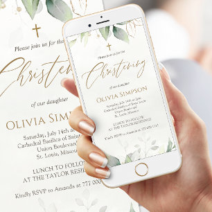Grüne Pflanzen Gold Aquarell Taufe Mobile Einladun Ankündigung