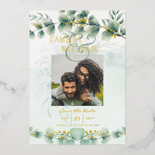 Grüne Pflanzen Goldfolie PHOTO QR CODE Hochzeit Te Folieneinladung