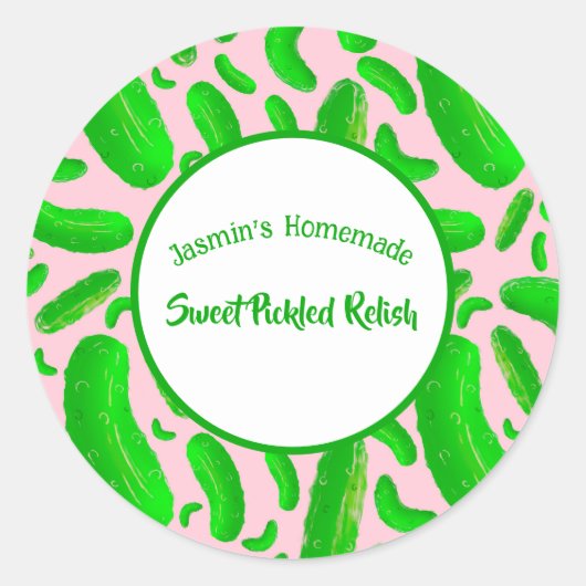 Grüne Pickles Rosa Hintergrund Runder Aufkleber (Vorderseite)