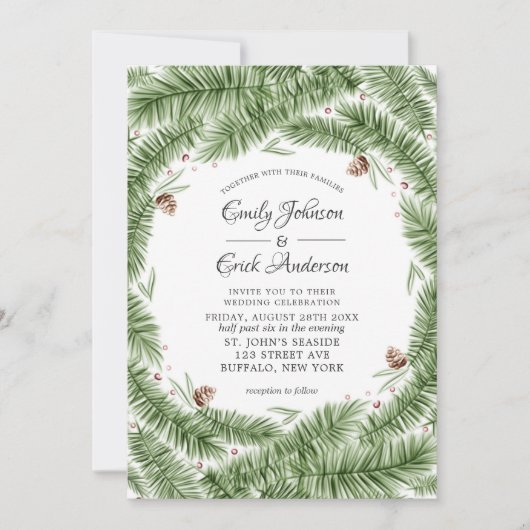 Grüne Pine Needles Pinecones Weihnachten Hochzeit Einladung (Vorderseite)
