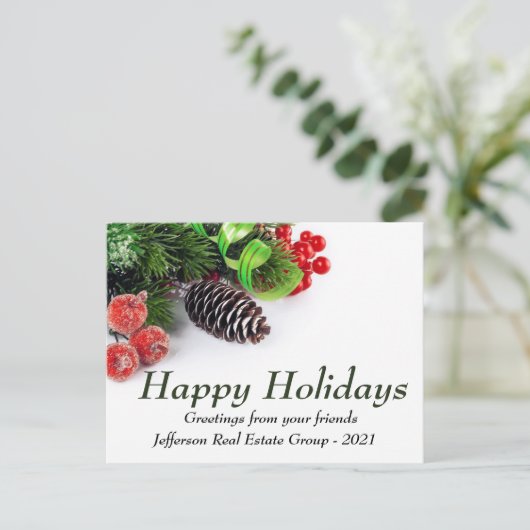 Grüne Pine Red Happy Holidays Unternehmensgrüße Postkarte (Stehend Vorderseite)