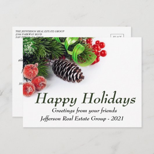 Grüne Pine Red Happy Holidays Unternehmensgrüße Postkarte (Vorne/Hinten)