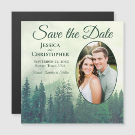 Grüne Pine Rustic Oval Foto Hochzeit speichern das Magneteinladung
