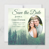 Grüne Pine Rustic Oval Foto Hochzeit speichern das Magneteinladung (Vorderseite)