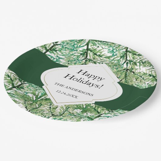 Grüne Pine Tree Wasserfarbene Kunst Pappteller (Schrägansicht)