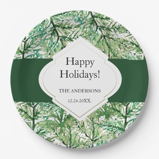 Grüne Pine Tree Wasserfarbene Kunst Pappteller (Vorderseite)