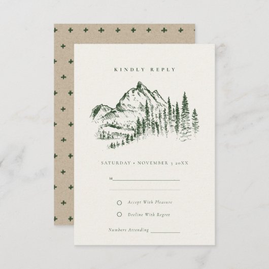 Grüne Pine Woods Mountain Sketch Wedding RSVP Begleitkarte (Vorne/Hinten)