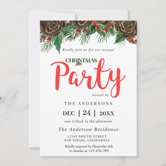 Grüne Pinecone Pinecone Pinecone Branches Weihnach Einladung (Vorderseite)