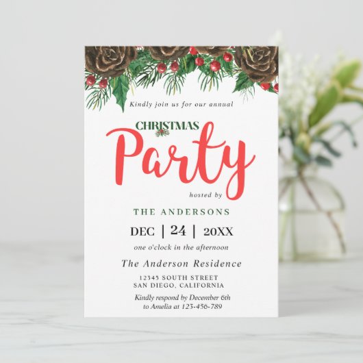 Grüne Pinecone Pinecone Pinecone Branches Weihnach Einladung (Stehend Vorderseite)