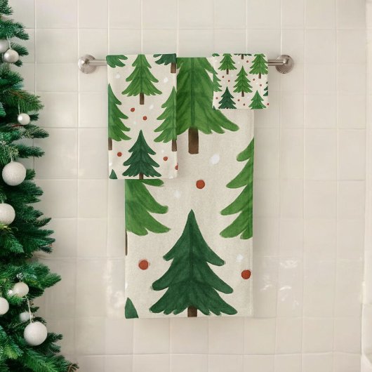 Grüne Pinienbäume Holiday Wasserfarbe Botanische K Badhandtuch Set