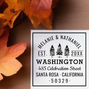 Grüne Pinienbäume Rustikale Hochzeitsstimmung Rück Permastempel