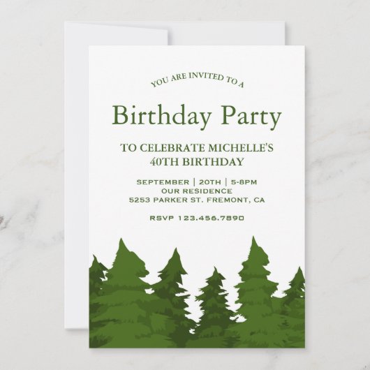 Grüne Pinienwälder Geburtstagsparty Einladung (Vorderseite)