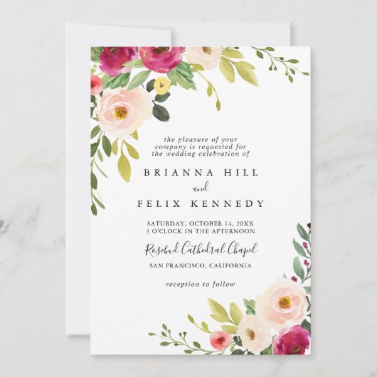 Grüne Pink Blush Blues Traditionelle Hochzeit Einladung (Vorderseite)