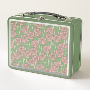 Grüne Pink Rose Retro Y2K 70er Blumenmuster Metall Brotdose