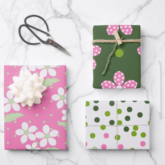GRÜNE PINK WHITE DAISY BLUME & POLKA DOTS GESCHENKPAPIER SET (Vorderseite)