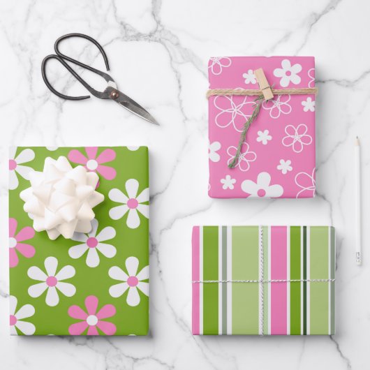 GRÜNE PINK WHITE DAISY BLUME & STREIFEN GESCHENKPAPIER SET (Vorderseite)