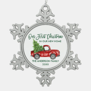 Grüne Pinsel Schrift Erstes Weihnachten Neues Zuha Schneeflocken Zinn-Ornament