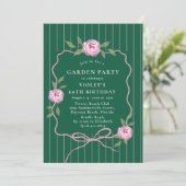 Grüne Pinstripe Rose Gartengesellschaft 60. Geburt Einladung (Stehend Vorderseite)