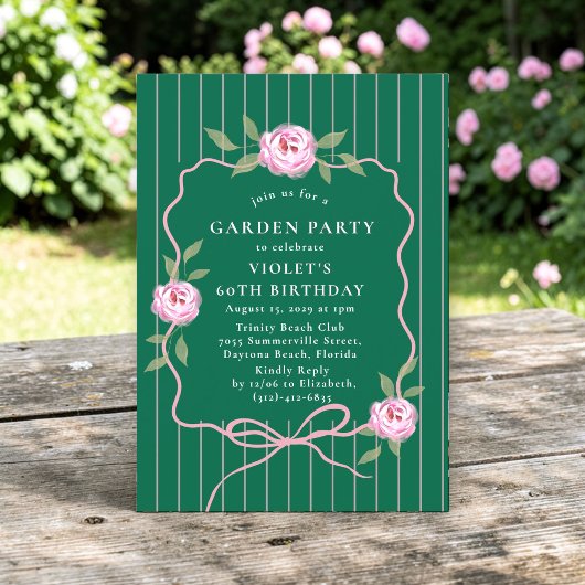Grüne Pinstripe Rose Gartengesellschaft 60. Geburt Einladung