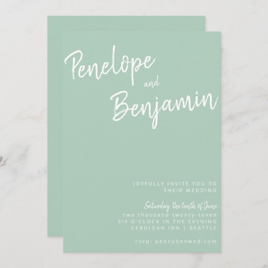 Grüne Pistachio Hochzeit mit moderner Schrift Einladung (Vorne/Hinten)