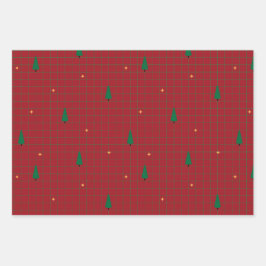 Grüne Plätze mit Weihnachtsbäumen auf Rot Geschenkpapier Set