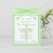 Grüne Polka Dot Erste Heilige Kommunion Einladung (Stehend Vorderseite)