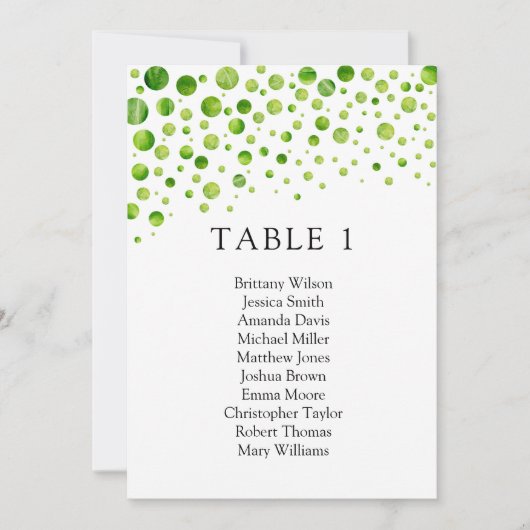 Grüne Polka dotiert Sitzkarte. Hochzeitstisch Einladung (Vorderseite)