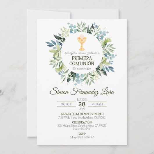 Grüne Primera Comunion Spanische Erste Kommune Einladung (Vorderseite)