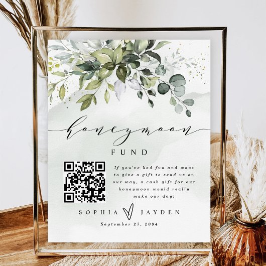 Grüne QR Code Honeymoon Wedding Cash Fund Sign Poster