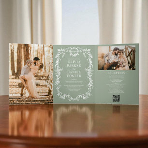 Grüne QR-Foto-Hochzeit in Französisch Viktorianisc Dreifach Gefaltete Einladung