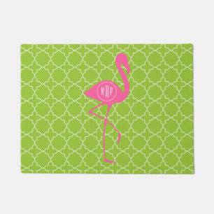 Grüne Quatrefoil Monogramm-Rosa-Flamingo-Fußmatt Fußmatte